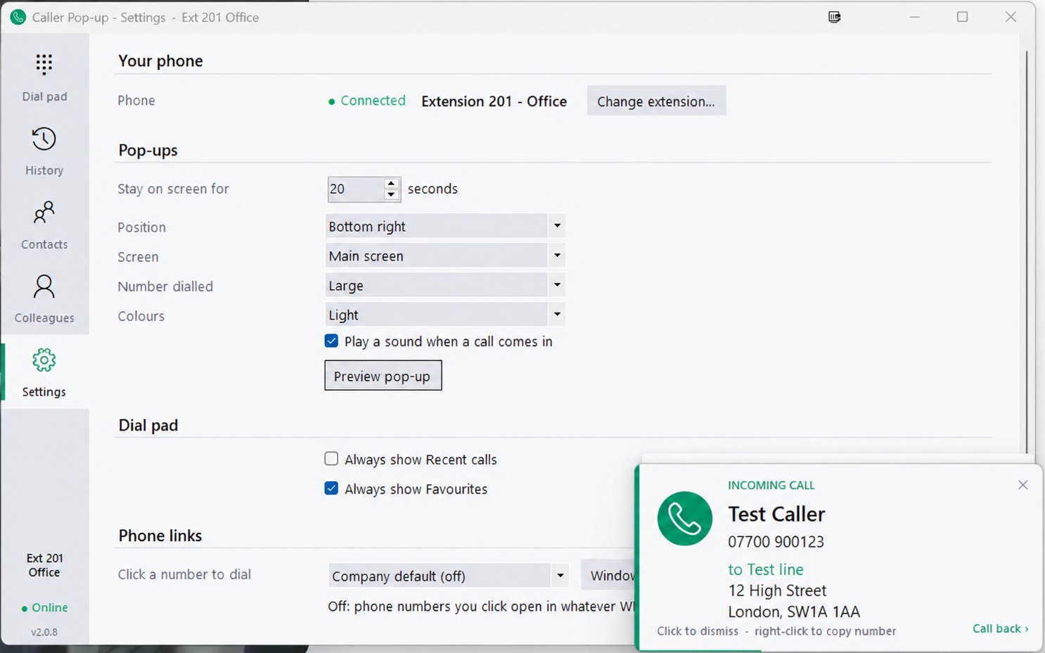 iJen-IT’s own custom-built softphone pop-up showing an incoming call